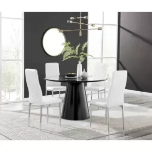 Furniture Box Palma Black Semi Gloss Round Dining Table and 4 White Milan Chrome Leg Chairs