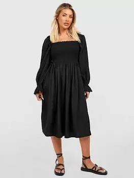 Boohoo Puff Sleeve Shirred Midi Dress - Black, Size 12, Women