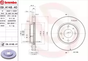 BREMBO Brake disc Internally Vented 09.A148.41 Brake rotor,Brake discs MITSUBISHI,Lancer VII Kombi (CS_W, CT_W),Galant VIII Limousine (EA_)