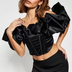 I Saw It First Satin Extreme Ruffle Bardot Corset Top - Black