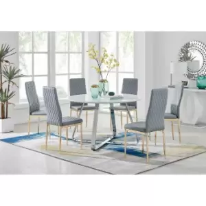 Furniture Box Santorini White Round Dining Table and 6 Grey Gold Leg Milan Chairs