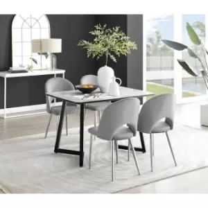 Furniturebox Carson White Marble Effect Recatngular 120cm Dining Table & 4 Grey Arlon Silver Leg Velvet Chairs