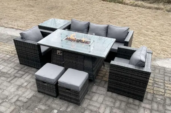 Fimous 5 Seater Outdoor Dark Grey PE Rattan Lounge Sofa Complete Set with Gas Fire Pit Table and 2 Stools