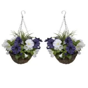 Greenbrokers Artificial Dark Purple & White Round Rattan Petunia Hanging Baskets (set Of 2)