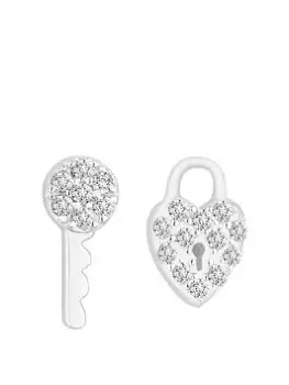 Simply Silver Sterling Silver 925 Cubic Zirconia Mini Heart And Key Stud Earrings, Silver, Women