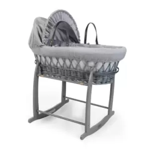 Clair de Lune Waffle Grey Wicker Moses Basket in Grey & Grey Deluxe Rocking Stand - Grey