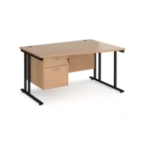 Office Desk Right Hand Wave Desk 1400mm With Pedestal Beech Top With Black Frame Maestro 25 MC14WRP2KB