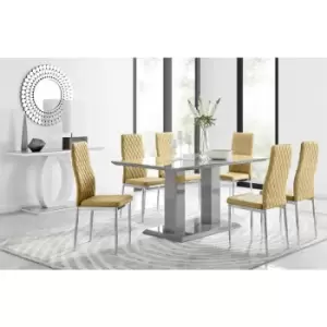 Furniturebox UK - Furniturebox Imperia 6 High Gloss Grey Modern Dining Table and 6 Mustard Milan Faux Leather Dining Chairs With Silver Legs Diamond