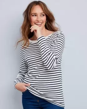 Cotton Traders Womens Wrinkle Free Long Sleeve Boat Neck Stripe Jersey Top in Blue