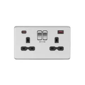 13A 2G DP Switched Socket with Dual USB FASTCHARGE ports (A + C) - Brushed Chrome with Black insert - Knightsbridge