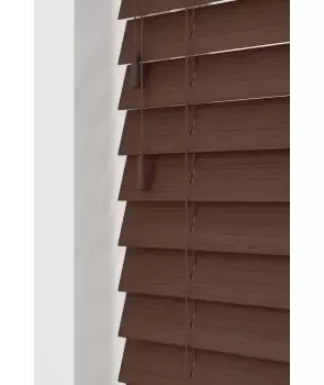 Chocolate 50mm Fine Grain Slatted Faux Wood Venetian Blinds with Strings 130cm Drop