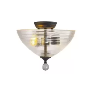 Dresden 2 Light Semi Flush Ceiling Lamp E27 With Round 33.5cm Prismatic Effect Glass Shade Graphite, Clear