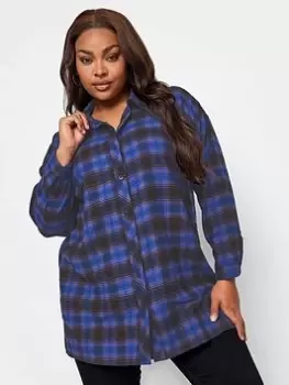 Yours Brushed Oversized Boyfriend Shirt Blue Check, Blue, Size 34-36, Women