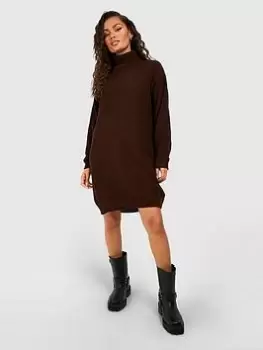 Boohoo Roll Neck Jumper Dress - Chocolate, Brown Size M Women