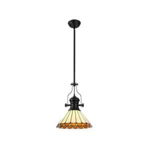 Worcester, Ceiling Pendant E27 With 30cm Tiffany Shade, Matt Black, Amber, Cream, Crystal