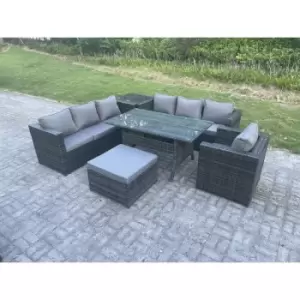 Fimous 7 Seater Outdoor Dark Grey Rattan Lounge Complete Sofa Set with Patio Chair, Rectangular Dining Table and Big Footstool