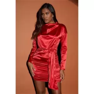 I Saw It First Red Satin High Neck Ruched Drape Detail Bodycon Dress - Red