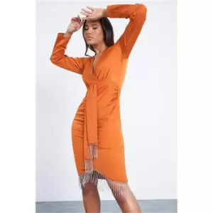 I Saw It First Burnt Orange Woven Wrap Front Fringe Detail Long Sleeve Midi Dress - Orange