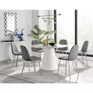 Furniturebox Palma White Marble Effect 120cm Round Minimalist Dining Table & 6 Grey Corona Faux Leather Dining Chairs with Silver Legs Diamond Stitch