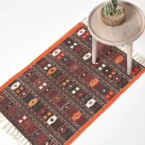 Cotton Kilim Printed Rug Terracotta,Black and Brown Design,70 x 120cm - Multi Colour - Homescapes