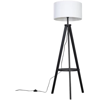 Morrigan Tripod Shelf Floor Lamp in Black with Large Reni Shade - White - No Bulb