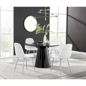 Furniture Box Palma Black Semi Gloss Round Dining Table and 4 White Corona Silver Chairs