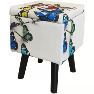 BUTTERFLY - Contemporary Retro Square Padded Storage Stool - Cream / Multi - Black / Cream / Multi-coloured