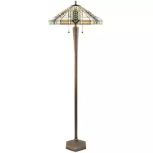 1.6m Tiffany Multi Light Floor Lamp Antique Brass & Stained Glass Shade i00021