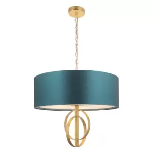 Trento 5 Light Ceiling Pendant Antique Gold Leaf & Teal Satin Fabric