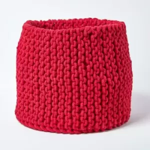 Homescapes - Red Cotton Knitted Round Storage Basket, 42 x 37cm - Red