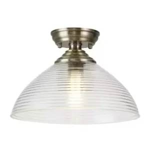 Luminosa Talisa Flush Ceiling Lamp E27 With Round 33.5cm Prismatic Effect Glass Shade Antique Brass, Clear