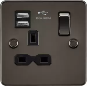 KnightsBridge Flat plate 13A 1G switched socket with dual USB charger (2.4A) - gunmetal with Black insert