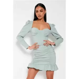 I Saw It First Sage Bengaline Sweetheart Ruched Frill Hem Bodycon Dress - Green