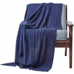 Cotton Cable Knit Throw Navy Blue, 150 x 200cm - Blue - Homescapes