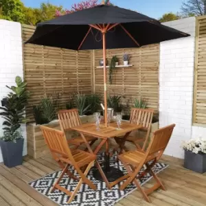 Outdoor 4 Person Folding Square Wooden Garden Patio Dining Table Chairs Parasol and Base Set