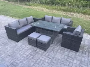 Fimous 7 Seater Outdoor Dark Grey Rattan Lounge Complete Sofa Set with Rectangular Table and 2 Stools