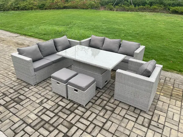 Fimous 7 Seater Outdoor Dark Grey PE Rattan Lounge Complete Sofa Set with Adjustable Dining Table and 2 Stools