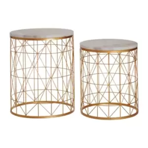 Interiors By PH Round Side Tables White Marble Tops Gold Finish Iron