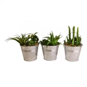 Set of 3 Faux Succulents In Tin Buckets