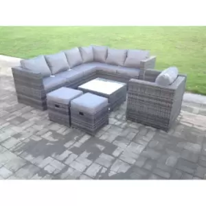 Fimous 7 Seater Outdoor Dark Grey Rattan Lounge Complete Sofa Set Right Side with Square Coffee Table and 2 Stools