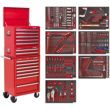 Sealey Superline Pro 14 Drawer Roller Cabinet, Mid and Top Tool Chests + 446 Piece Tool Kit Red