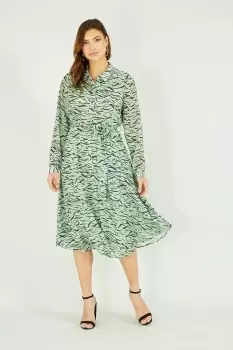 Green Zebra Print Midi Long Sleeve Shirt Dress