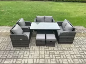 Fimous 6 Seater Outdoor Dark Grey Wicker PE Rattan Garden Dining Set with Height Adjustable Table and 2 Stools