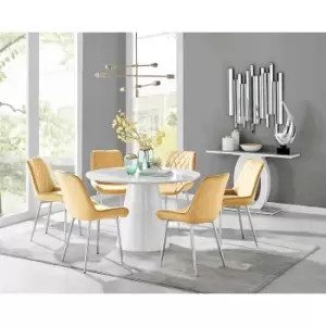 Furniture Box Palma White High Gloss Round Dining Table and 4 Mustard Pesaro Silver Leg Chairs