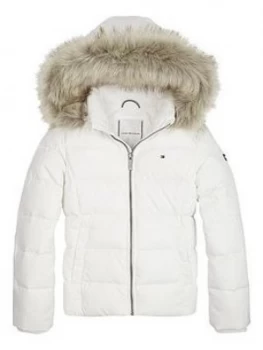 Tommy Hilfiger Girls Essential Down Faux Fur Trim Hooded Coat - White, Size 14 Years, Women