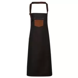 Premier Unisex Adults Division Waxed Look Faux Leather Denim Bib Apron (black/Tan Denim)