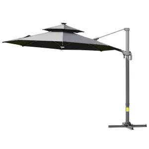 Outsunny 3m Cantilever Parasol w/ Solar Lights Power Bank Cross Base Adjustable Canopy 360° Spin Outdoor Garden Umbrella 2-Tier Roof Sun Shade Grey