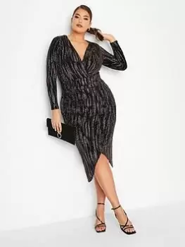 Yours Glitter Wrap Party Dress - Black, Size 26-28, Women