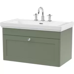 Nuie Classique Wall Hung 1-Drawer Vanity Unit with Basin 800mm Wide Satin Green - 3 Tap Hole