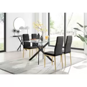 Furniture Box Leonardo Black Leg Glass Dining Table and 4 Black Velvet Milan Gold Leg Chairs